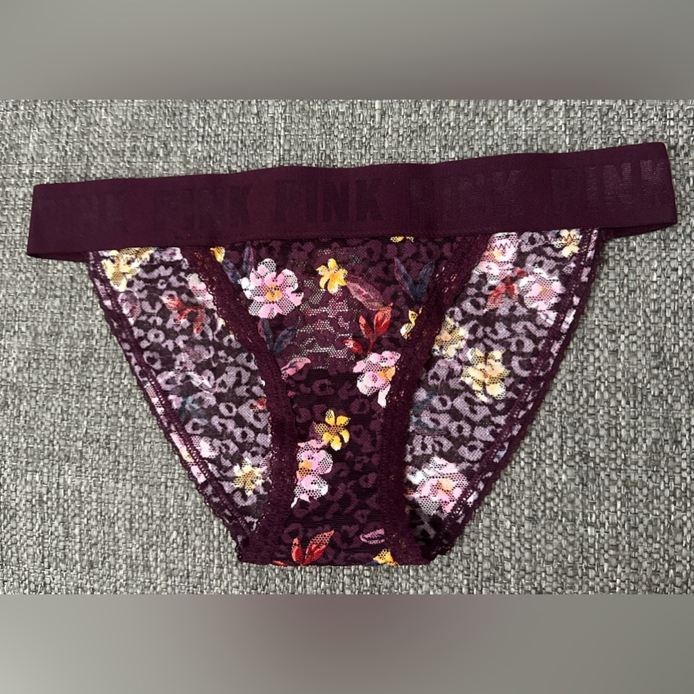 PINK Victoria's Secret Burgundy Floral Lace Bikini Panty